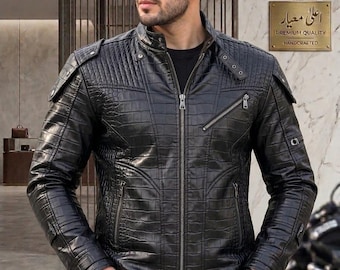 Black Crocodile Embossed | Leather Biker Jacket | Men's Motorcycle Style For Men