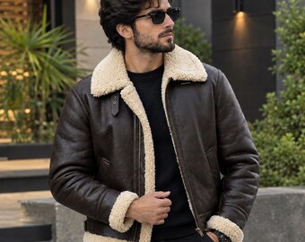 Brown Shearling Leather Aviator Jacket | Winter Flight Style For Men