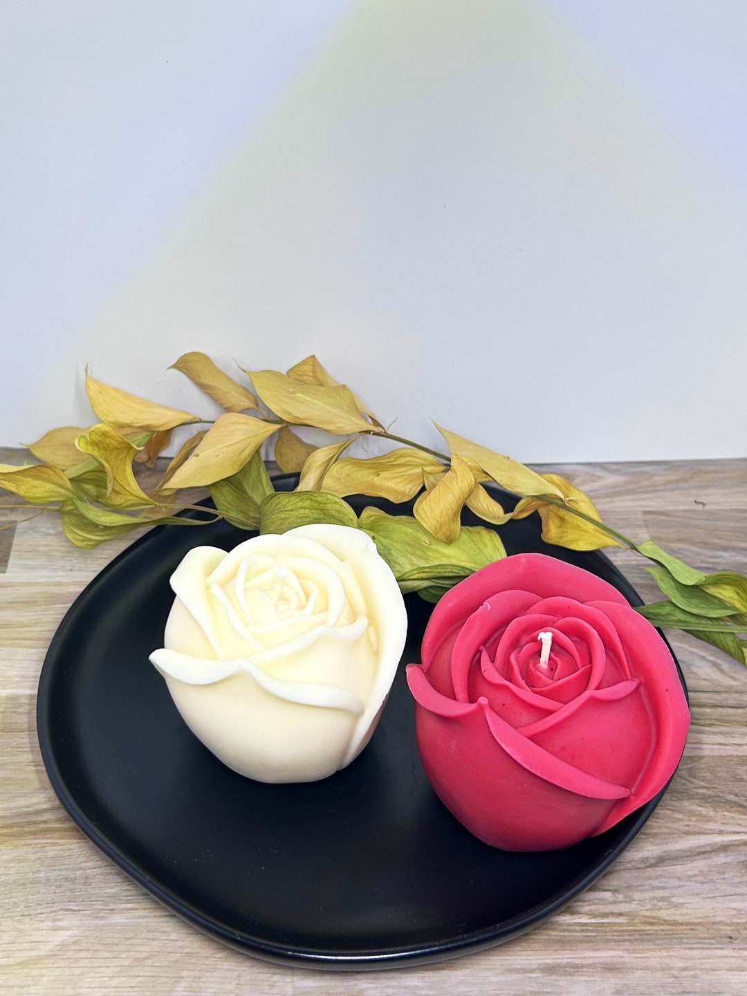 Damask Rose Candle Pillar Candle Rose Petals and Sandalwood Scented
