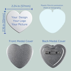 May include: A silver heart-shaped medal with a pin on the back. The front of the medal is blank and can be customized with a design, logo, or picture. The medal measures 2.24 inches in diameter.