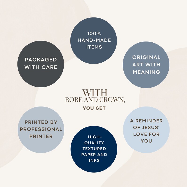 May include: A graphic illustration of a circle with the text "With Robe and Crown, You Get" in the center.  Surrounding the circle are eight smaller circles, each with a different message.  The messages are: "Packaged with Care", "Printed by Professional Printer", "High-Quality Textured Paper and Inks", "A Reminder of Jesus' Love for You", "Original Art with Meaning", "100% Hand-Made Items".