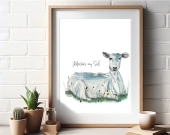 May include: A watercolor painting of a white deer lying down in a field of grass. The deer has a light blue hue and the text "Refreshes my Soul" is written above the deer.