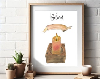 May include: A watercolor painting of a candle in a wooden holder with the word "Beloved" written above it. The candle is lit and has a warm, orange glow. The background is white.