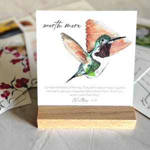 Memory Verse Scripture Card of "worth more" and watercolor painting artwork, along with an oak wood display stand.