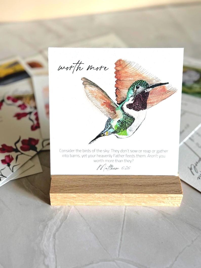 Memory Verse Scripture Card of "worth more" and watercolor painting artwork, along with an oak wood display stand.