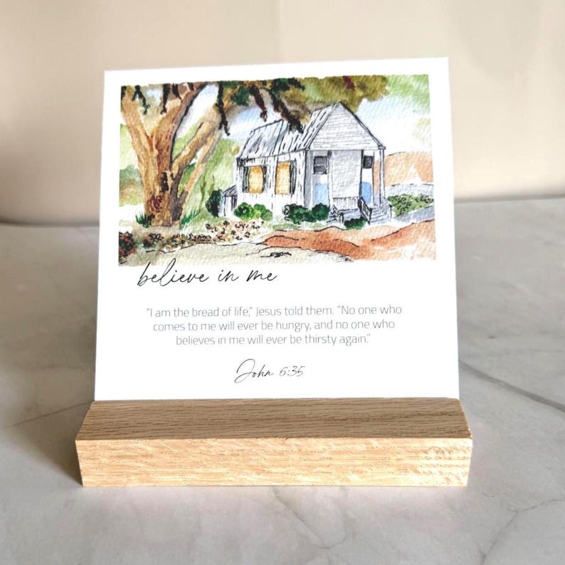Memory Verse Scripture Card of "believe in me" and watercolor painting artwork, along with an oak wood display stand.