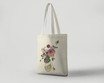 Wildflower Canvas Tote Bag: Vintage Floral Botanical Design