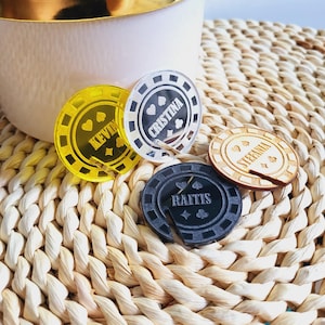 Casino chips drink markers, Poker wine charms, Custom casino party, Home poker party, Gold Silver Acrilyc Wood decoration, Personalized