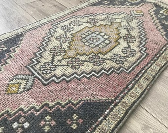 2x3 Pink Blue Vintage Door mat, Handmade 2x3 Blue Oushak Door mat, Turkish Bathroom Pink Rug, Kids Entry Rug,Home Decor,1.5x3.2 Ft