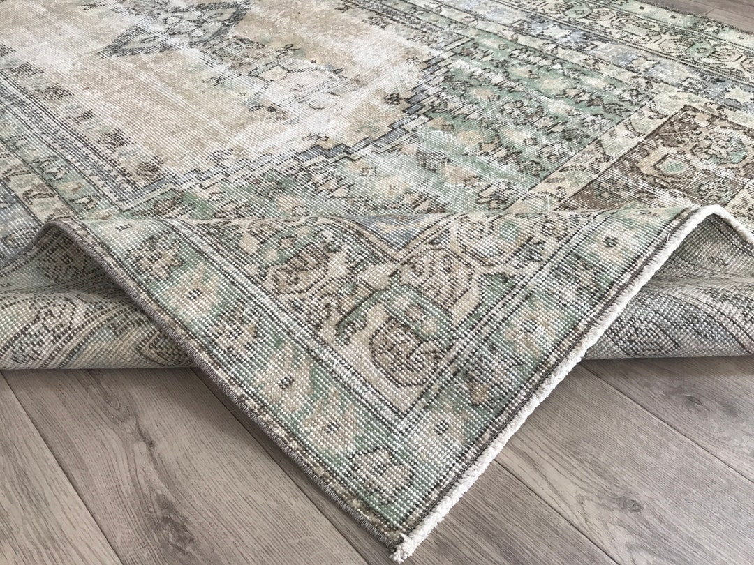 5x10 Beige Green Turkish Large Rug, 5x10 Green Beige Vintage Rug