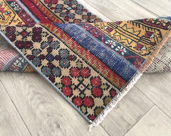2x7 Red Blue Yellow Turkish Runner Rug, 2x7 Red Blue Oushak Runner, Vintage Livingroom Kids Office Entryway Runner, Home Decor, 2.1x6.6 Ft