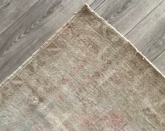 Faded Turkish Runner Rug: Pink, Brown & Blue Oushak Rug (2.9x5.5 Ft)