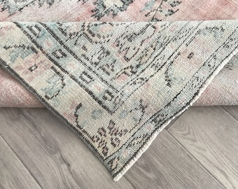 5x8 Faded Pink Turkish Rug: Vintage Oushak Wool Rug