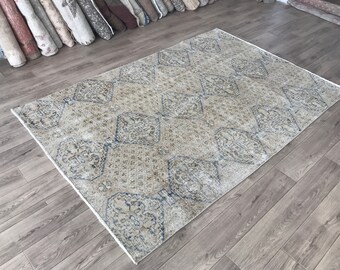5x7 Beige Blue Turkish Area Rug, Handmade 5x7 Blue Beige Vintage Rug ,Oushak Kitchen Laundry Entry Rug ,Area Rug, Home Decor, 4.9x7.3 Ft