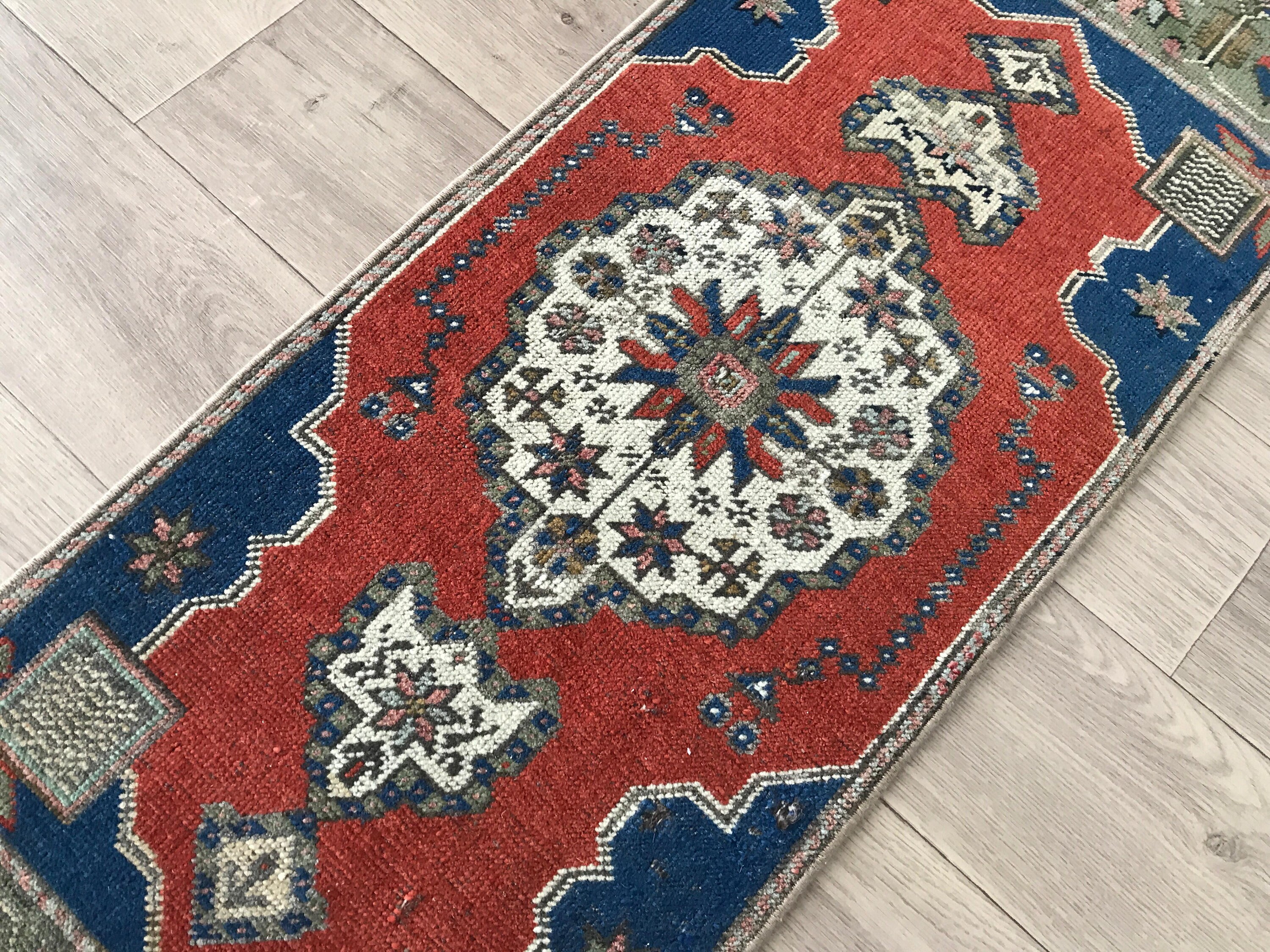 Knotted Wool Turkish Doormat: Red & Blue Vintage Entry Rug (1.4x3