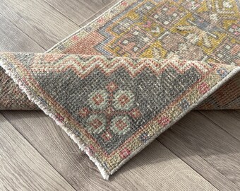 1x3 Hand Knotted Red Yellow Turkısh Door mat, 1x3 Unique Red Yellow Vintage Rug, Entry Rug, Oushak Door Mat, Vintage Home Decor,1.4x3.0 Ft