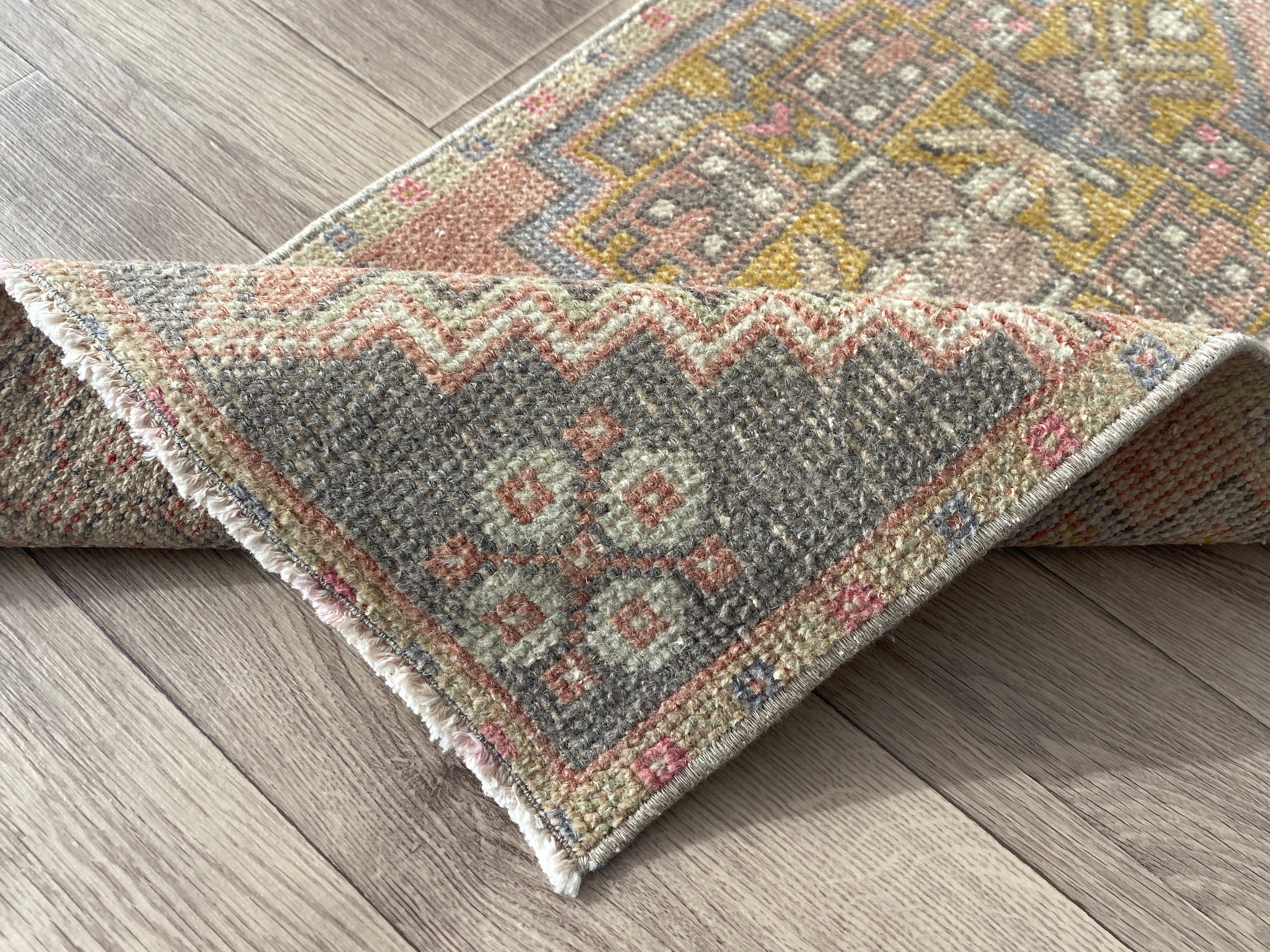 Hand-knotted Turkish Oushak Wool Rug: Vintage Entry Mat (1.4x3.0