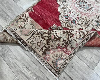 3x7 Red Brown Beige Green Turkish Runner Rug, 3x7 Vintage Runner, Oushak Entryway Hallway Livingroom Bedroom Runner, Home Decor, 3.0x6.6 Ft