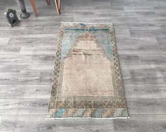 ヴィンテージ トルコ製 ウシャック ランナーラグ：赤みがかったブルー