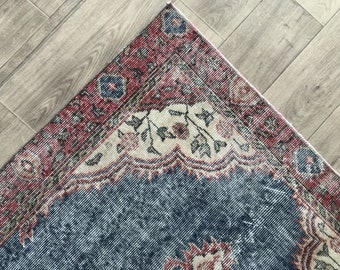 Faded Red and Blue Vintage Turkish Runner Rug (3.4x6.5 Ft)