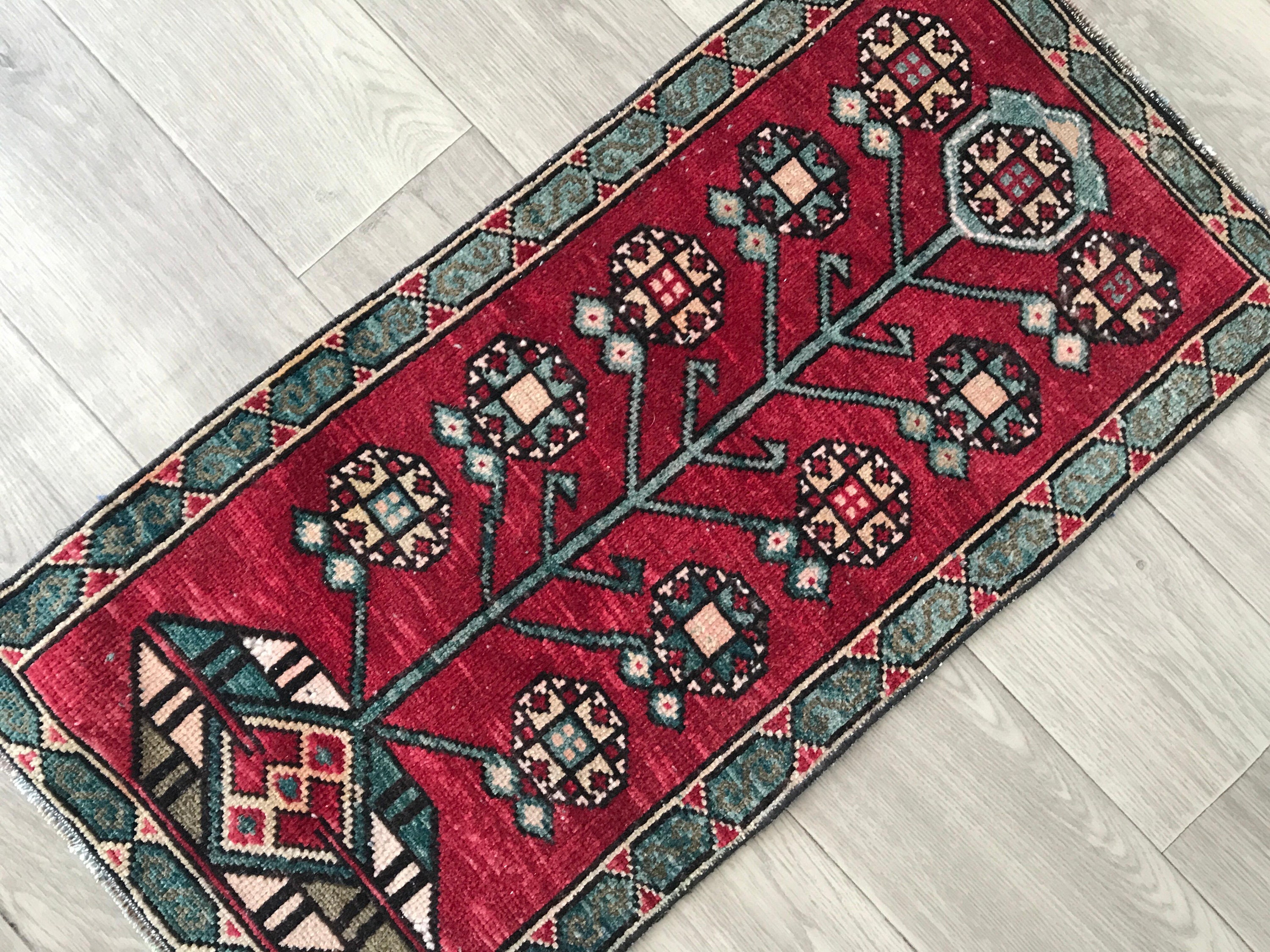 1x3 Red Blue Turkısh Rug, 1x3 Red Blue Vintage Door mat, Oushak Livingroom Bedroom Entry Bathroom Kitchen Dorm Rug, Home Decor, 1.4x2.9 Ft