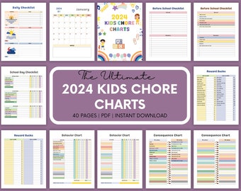 2024 Kids Chore Charts | Reward | Allowance | Screen time | School Routine | Behavior Chart | Daily Checklist | Weekly Chores PDF