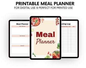 Planificador de comidas imprimible / Planificador de comidas semanal imprimible / Diario de alimentos / Rastreador de comidas / Diario de alimentos / Plan de menú y preparación / Lista de compras BONUS