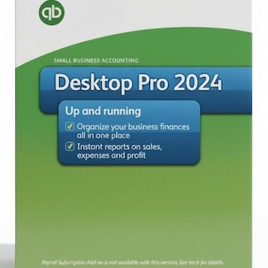 May include: A product box for "Desktop Pro 2024" small business accounting software. The box is primarily green with a blue banner displaying the product name. Features include organizing finances and instant reports.