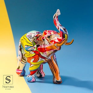 Jumbo Figurine, Graffiti Elephant Statue - Animal Resin Sculpture, Pop Art, Oil Painting, Home Decor, Colorful Figurine Artwork