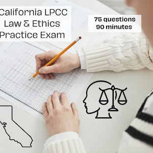 Puede incluir: Una persona realizando un examen de práctica para el examen de Ley y Ética del LPCC de California. El examen tiene 75 preguntas y debe completarse en 90 minutos. La imagen incluye un contorno en blanco y negro del estado de California y una ilustración en blanco y negro de una cabeza de persona con una balanza de la justicia.