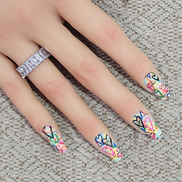 Colorful Heart Coffin Press on Nail| Medium Matte Press On Nail| Ballerina Valentine's Day Fake Nails| Valentine Glue on Nails| Gift for Her