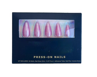 Pink Almond Press On Nails, Medium Iridescent Fake Nails, Cat Eye Nails, Glitter Glue on Nails, Hailey Bieber Inspired Nails, Chrome Nails