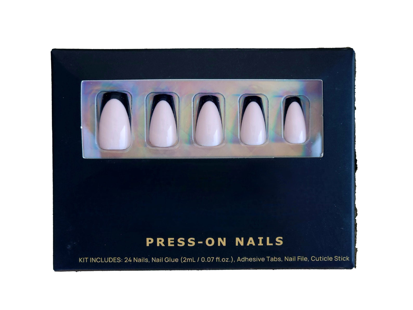 Short Black French Tip Press on Nails, Coffin False Nails, Ballerina