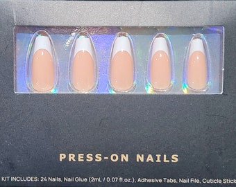 French Tip Press On Nails, Coffin Fake Nails, Medium Nails, Glue on Nails, Christmas Nails, Holiday Nails, 24 Nail Kit, Holiday Gift for Her