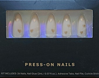 Gold Heart Almond Press on Nail| Medium Press On Nails| Valentine's Day Fake Nails| Valentine Glue on Nails| 24 pcs Nail Kit| Gift for Her