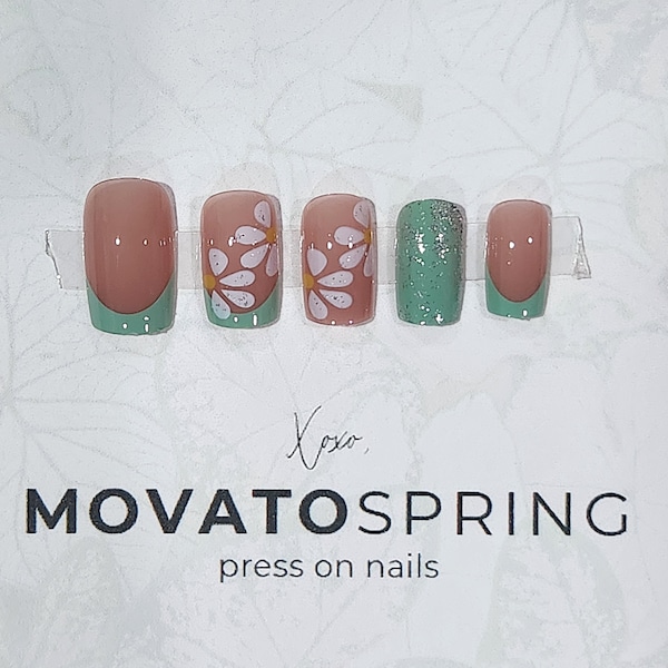 Spring press on nails, turquoise glue on nails, short square french tip flower false nails, green fake nails, floral nails, gift for her