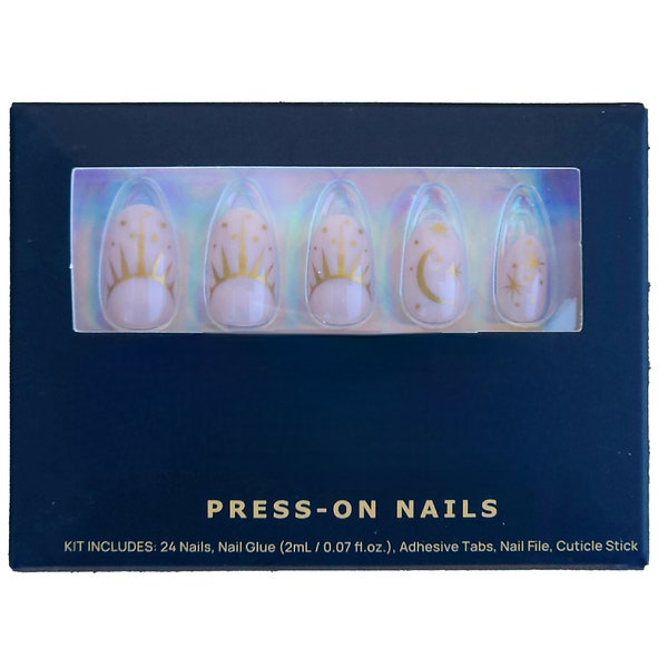 Short Oval Gold Moon Stars Press On Nails, Halloween Press On Fake Nails, Fall Glue on Nails, Harvest Holiday False Nails, Gift for Her