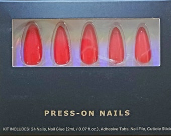 Red Medium Almond Press on Nails, Valentine's Day Fake Nails, Christmas Holiday Glue on Nails, Valentine False Nails Kit, Gift for Her