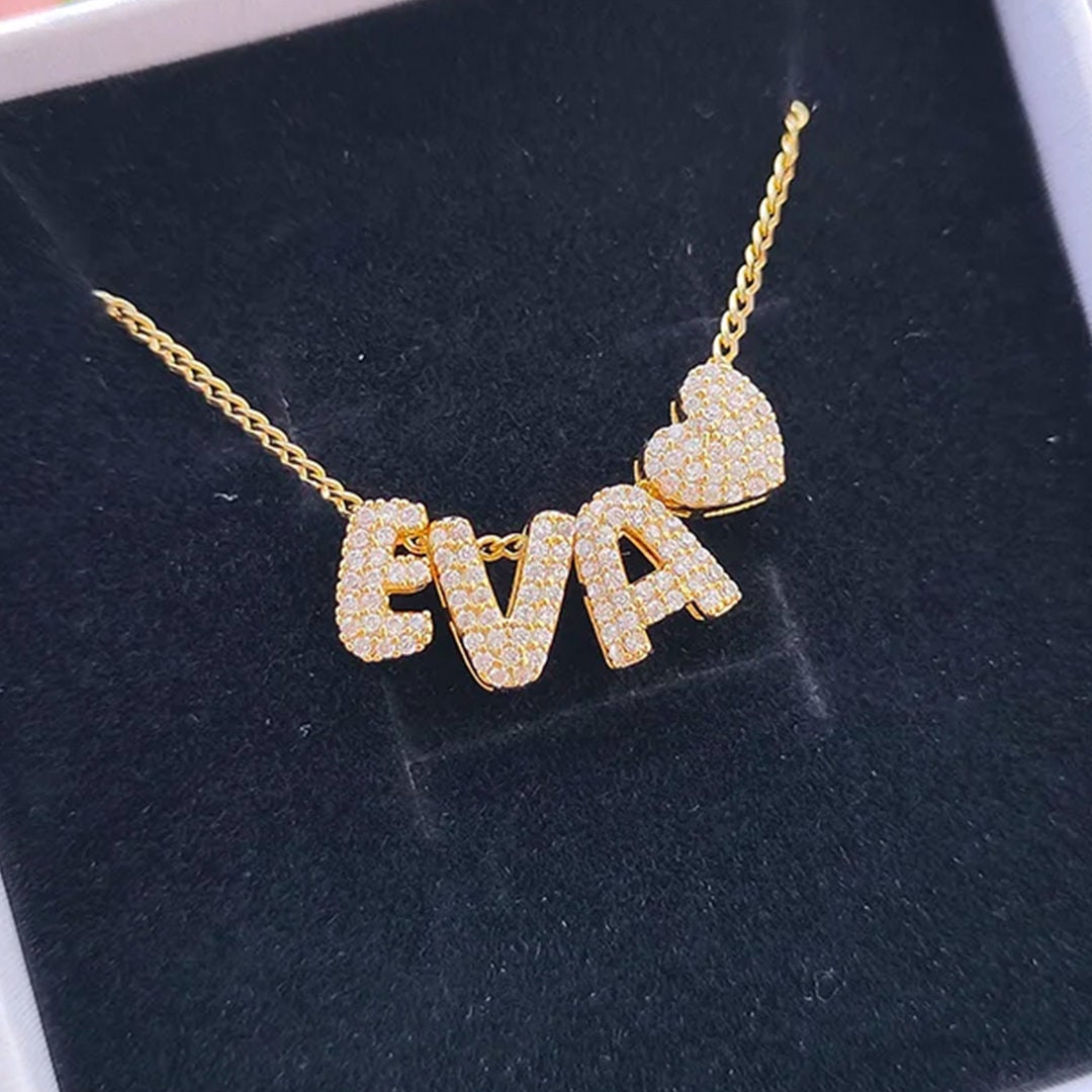 Custom Mini 3D Bubble Letter Necklace with Movable Zircon Pendant | Unique Personalized Gift for Her