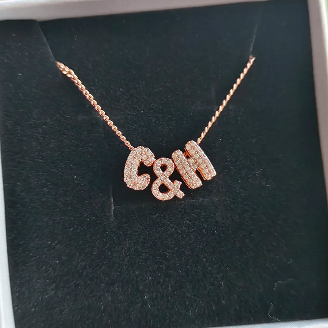 Custom Mini 3D Bubble Letter Necklace with Movable Zircon Pendant | Unique Personalized Gift for Her