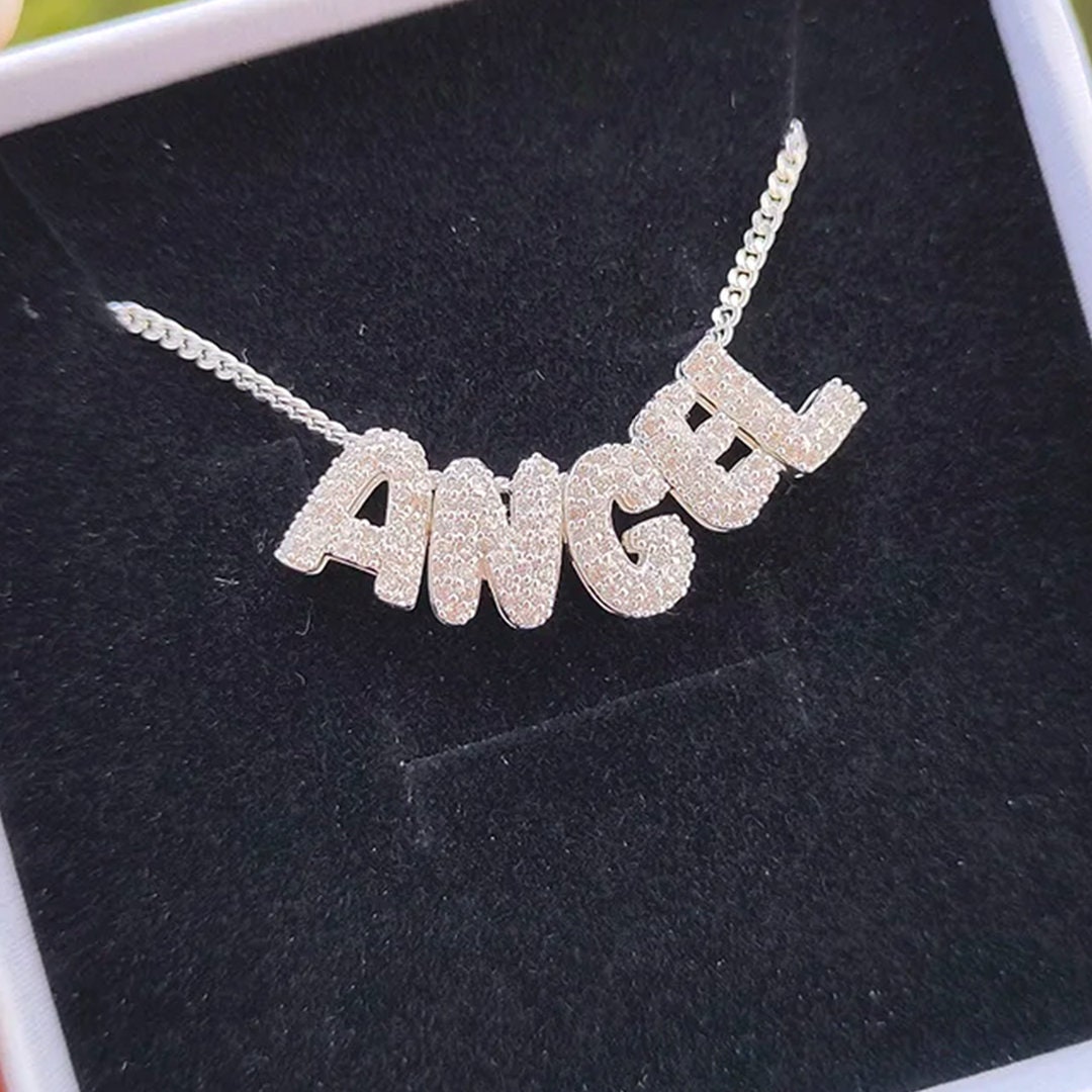 Custom Mini 3D Bubble Letter Necklace with Movable Zircon Pendant | Unique Personalized Gift for Her