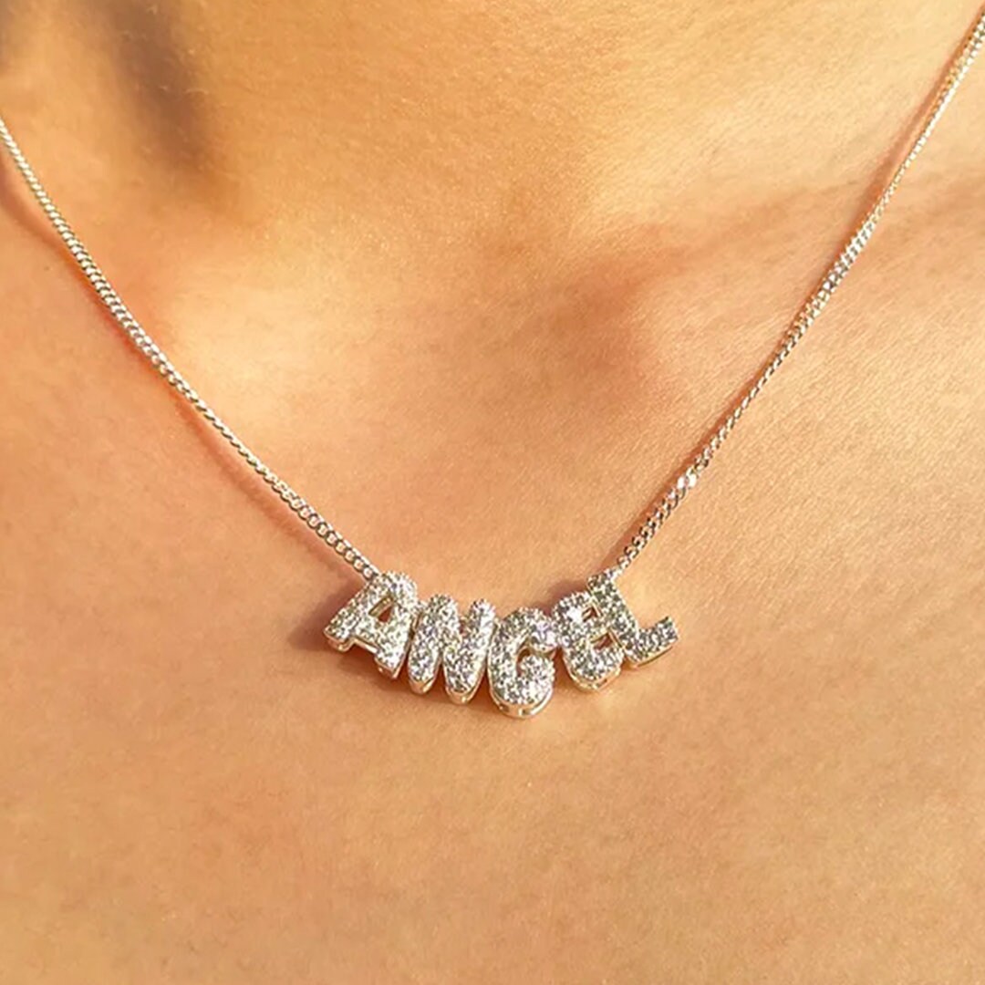 Custom Mini 3D Bubble Letter Necklace with Movable Zircon Pendant | Unique Personalized Gift for Her