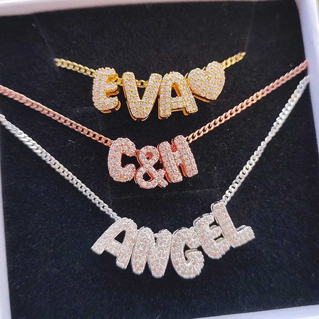 Custom Mini 3D Bubble Letter Necklace with Movable Zircon Pendant | Unique Personalized Gift for Her