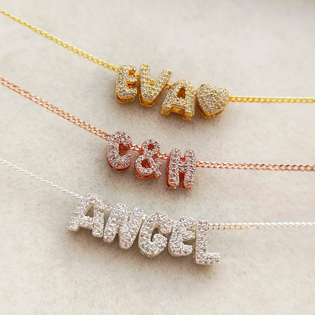 Custom Mini 3D Bubble Letter Necklace with Movable Zircon Pendant | Unique Personalized Gift for Her
