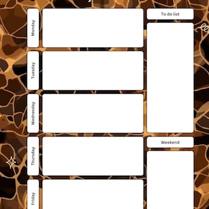 May include: Weekly planner with a brown and gold abstract design. It features sections for each weekday, a to-do list, and a weekend area. The words "Weekly Planner" are at the top of the page.