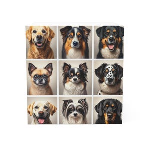 以下が含まれることがあります： 9匹の犬の肖像画がグリッド状に配置された白い正方形の製品。ゴールデンレトリバー、ボーダーコリー、チワワなどの犬種が含まれています。各犬は、さまざまな毛色で、ニュートラルな背景に対してリアルに描かれています。
