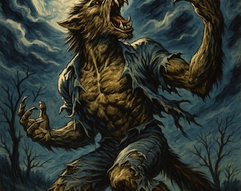 Op de afbeelding: Illustratie van een weerwolf die naar de maan huilt. Het wezen wordt afgebeeld met een gespierd lichaam, scherpe klauwen en verscheurde kleding. De achtergrond toont een volle maan, donkere wolken en kale bomen, wat een spookachtige sfeer creëert.
