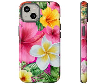 May include: A vibrant phone case featuring a tropical floral design. The case showcases a bright pink background adorned with large, colorful flowers in shades of pink, yellow, and white, with green foliage.