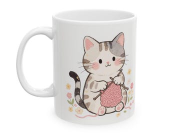 Knitting Cat Coffee Mug: Crochet Kitty with Pink Yarn - Gift for Crafters