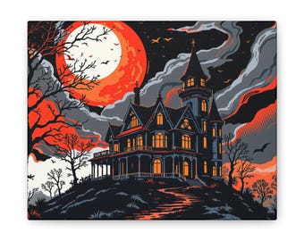 May include: A canvas print featuring a spooky Halloween scene. A dark, gothic mansion sits atop a hill under a large, orange full moon. Silhouetted trees and bats add to the eerie atmosphere. The artwork uses a limited color palette of black, orange, and gray.